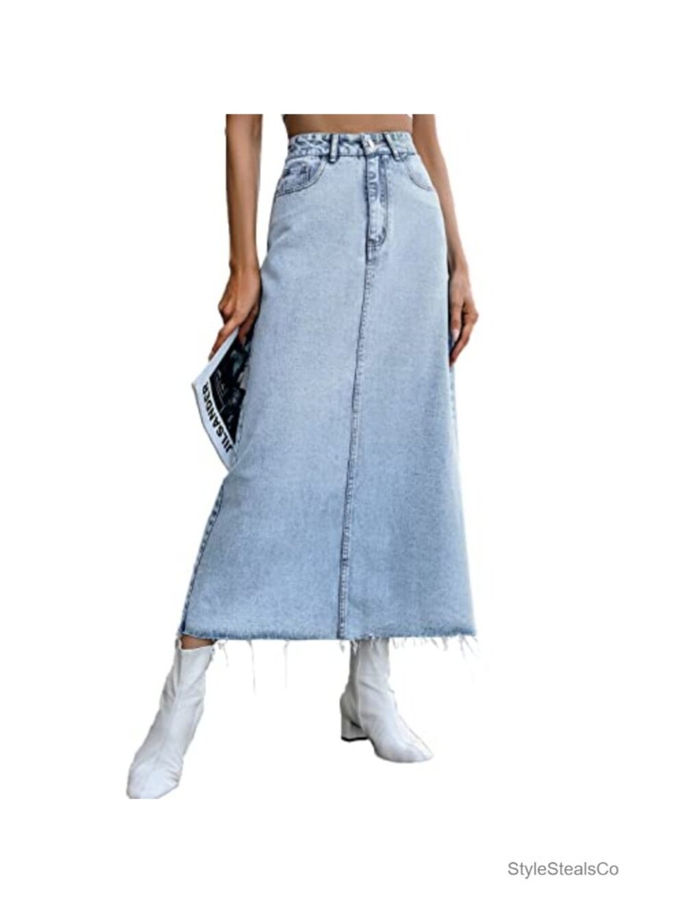 High Waist Long Denim Midi Skirt Cotton Stretch A-Line Raw Hem Pockets